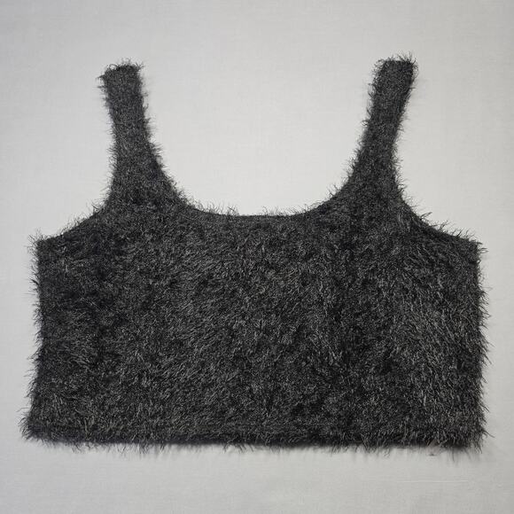 Derek Heart Black Fuzzy Crop Top Tank Halter Stretch Scoop Neck Women's Size L - Picture 2 of 5